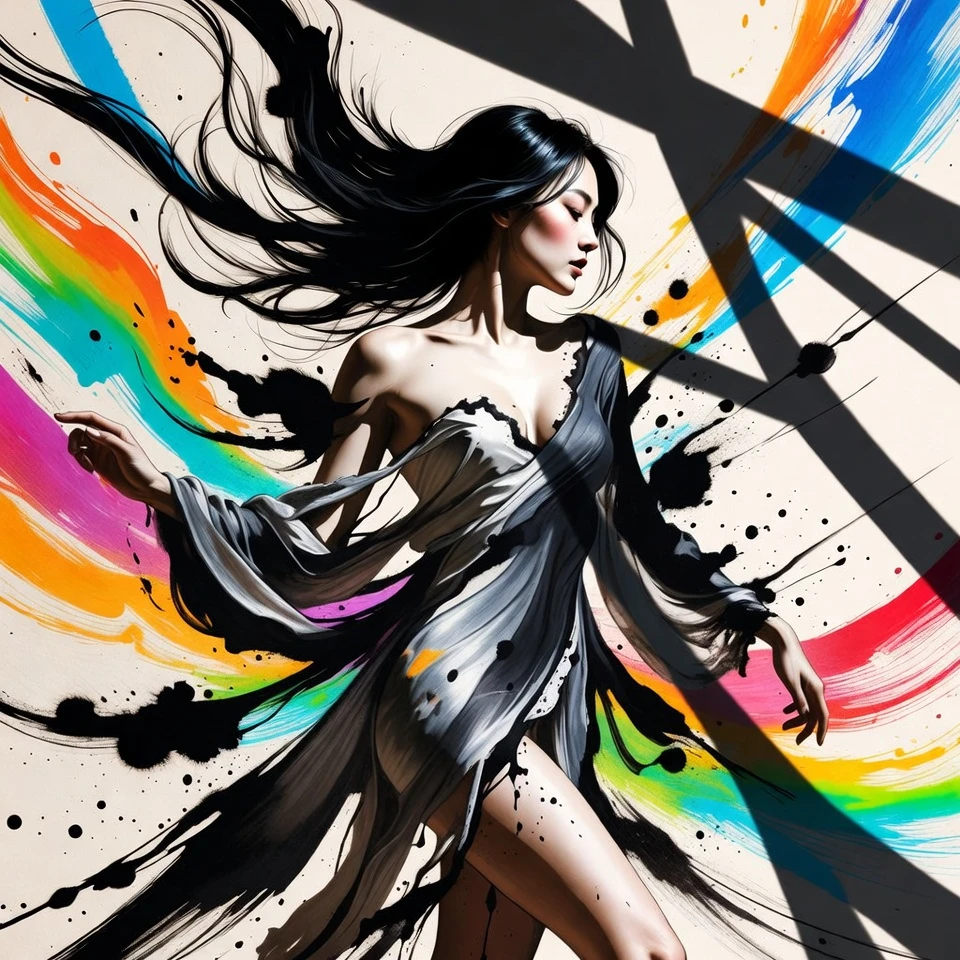 Graceful Asian woman surrounded by swirling colorful light