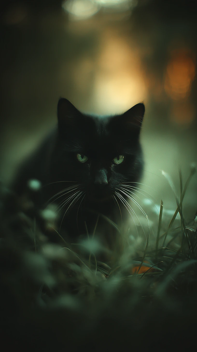 Black cat with emerald eyes hidden in forest shadows