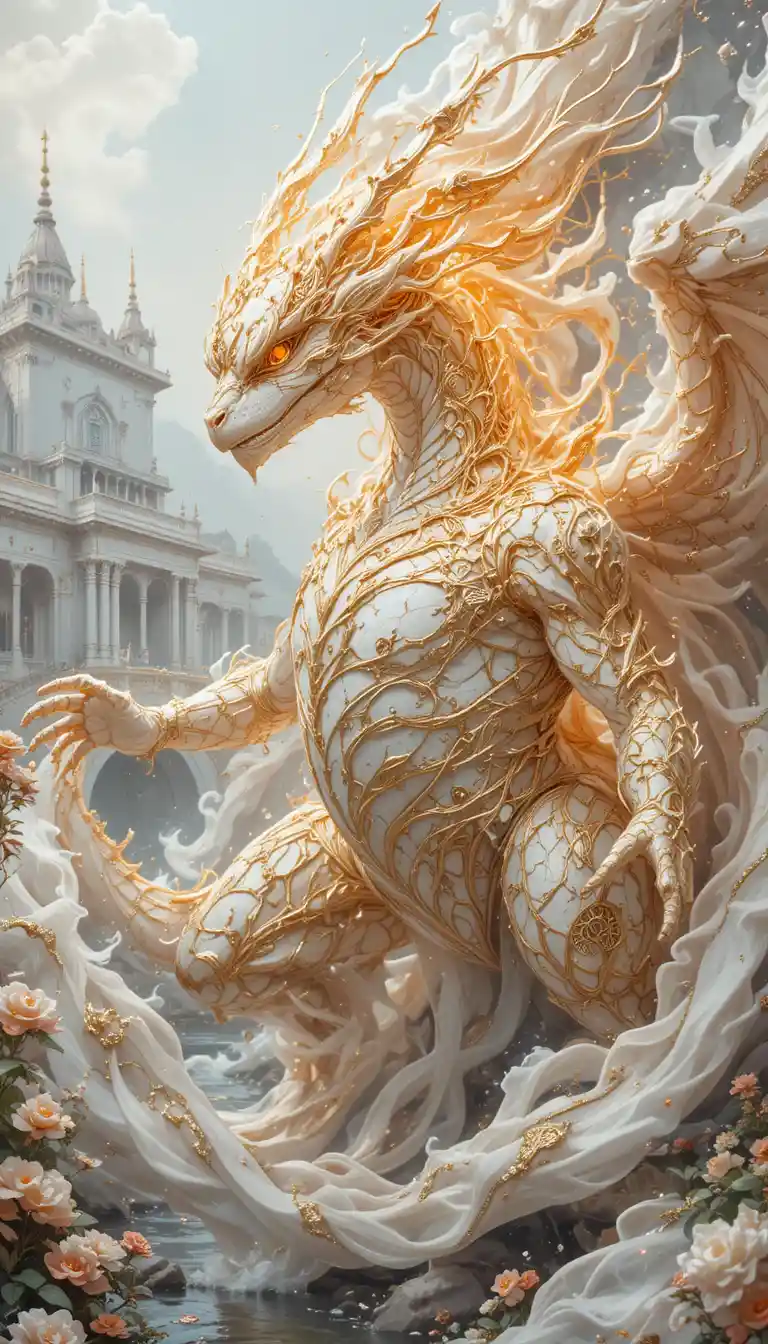 Mythical spirit creature above a white fantasy palace river