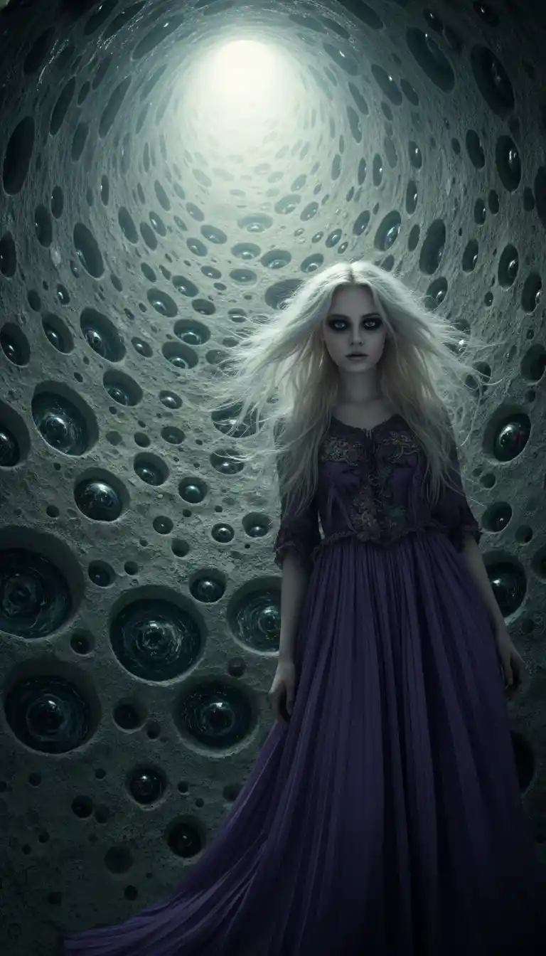 Somber blonde girl in purple dress within surreal tunnel