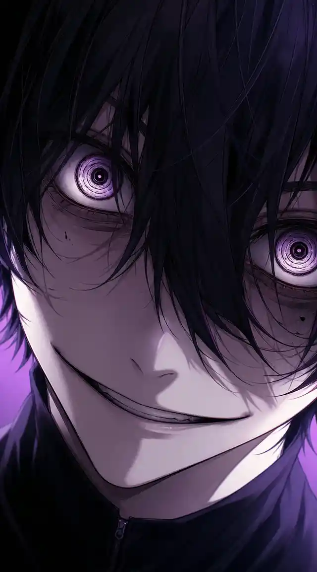 Anime boy close up with intense swirling lifelike eyes