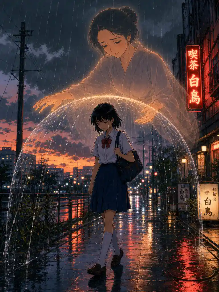 Schoolgirl walking in rain beneath a glowing maternal spirit