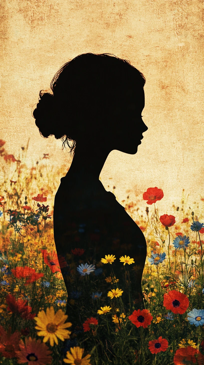 Silhouette of a woman in profile in a wildflower field