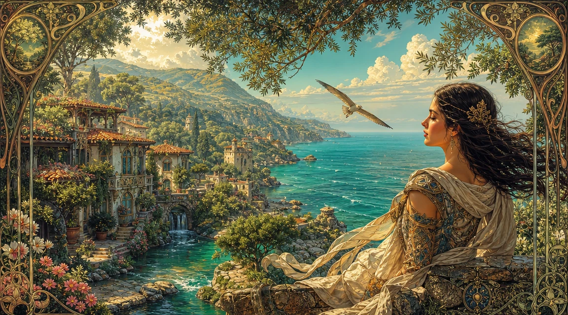 Aldea surrealista art nouveau en un paisaje tranquilo y frondoso