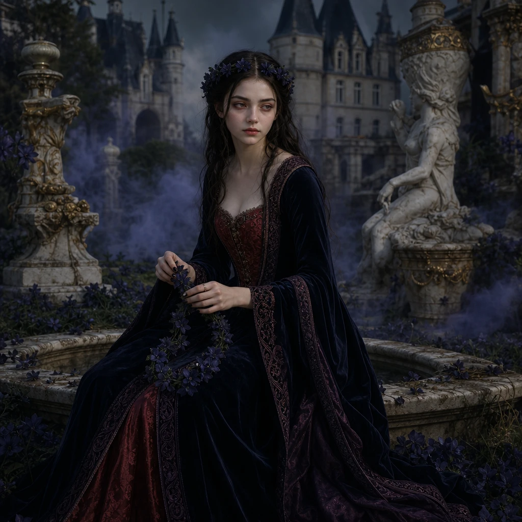 Renaissance portrait of a pale girl in a ruined garden