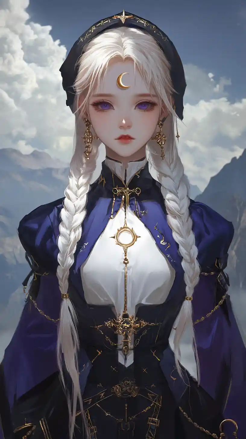 Melancholic girl with halos in a dramatic mountain sky