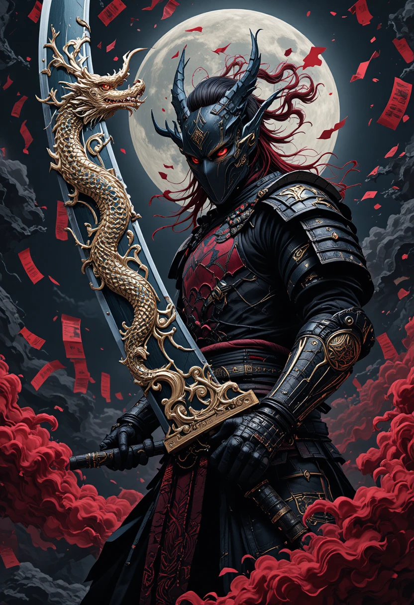 Samurai warrior with obsidian greatsword under crimson night sky