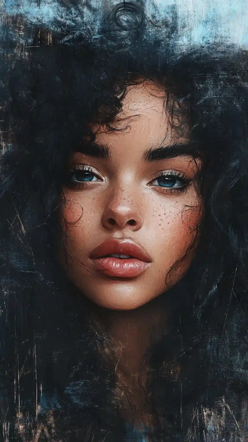Dreamy close up portrait of girl with dark spiral curls