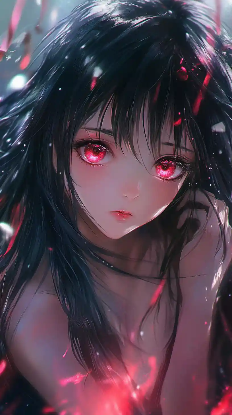 Anime portrait of a shy girl with glowing red eyes