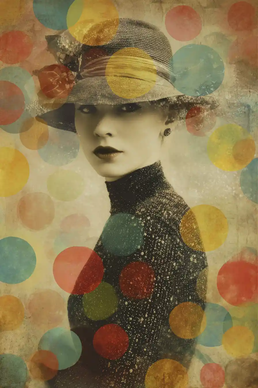 Whimsical mixed media print with abstract disco dot bokeh