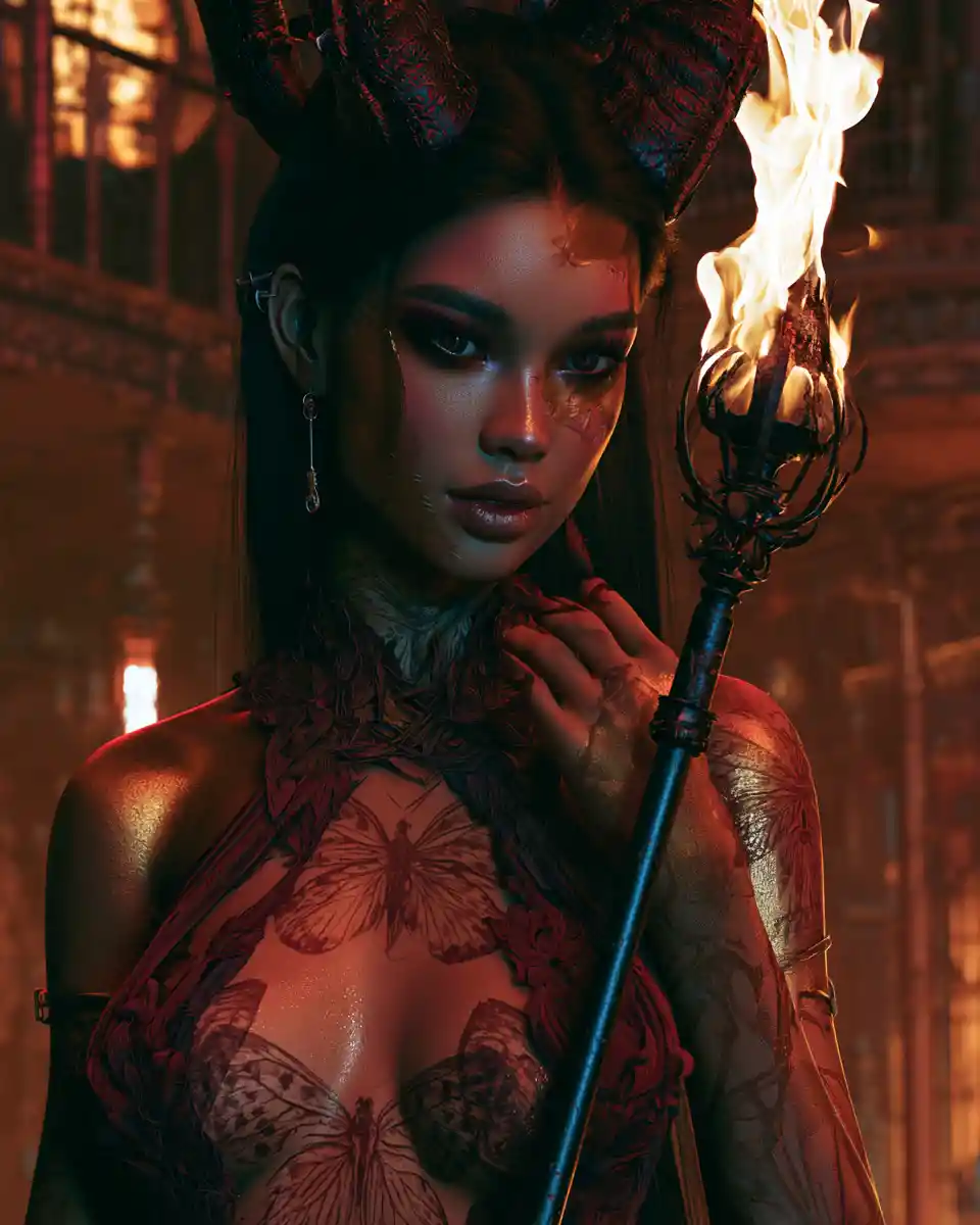 Eerie devilish woman with flaming staff in dark fantasy closeup