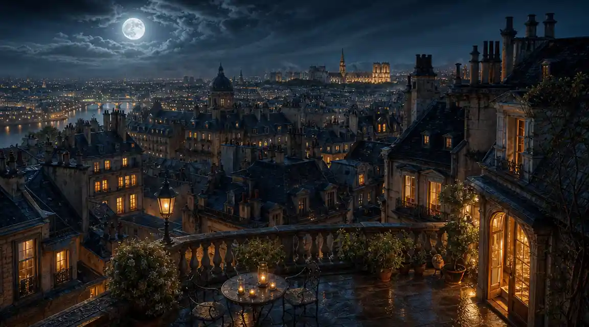 Surreal Rooftop Cityscape Under A Luminous Full Moon