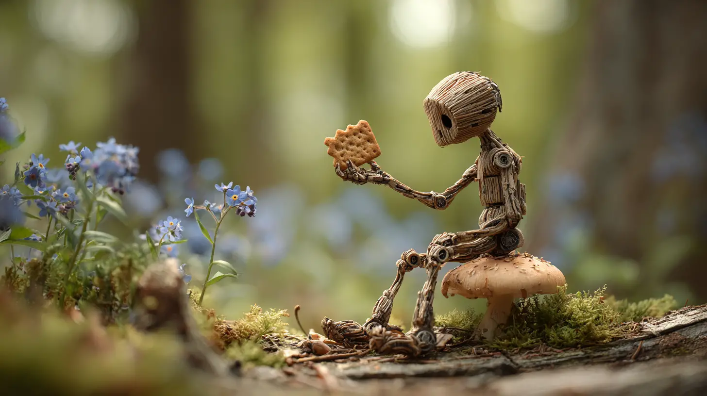 Tiny humanoid resting on a mushroom in a blue flower forest