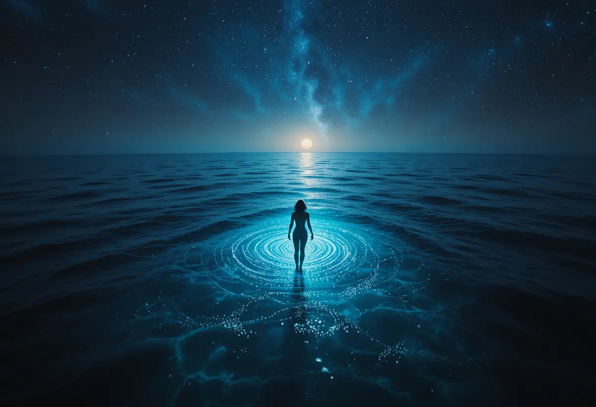 Solitary figure gliding over a glowing night ocean