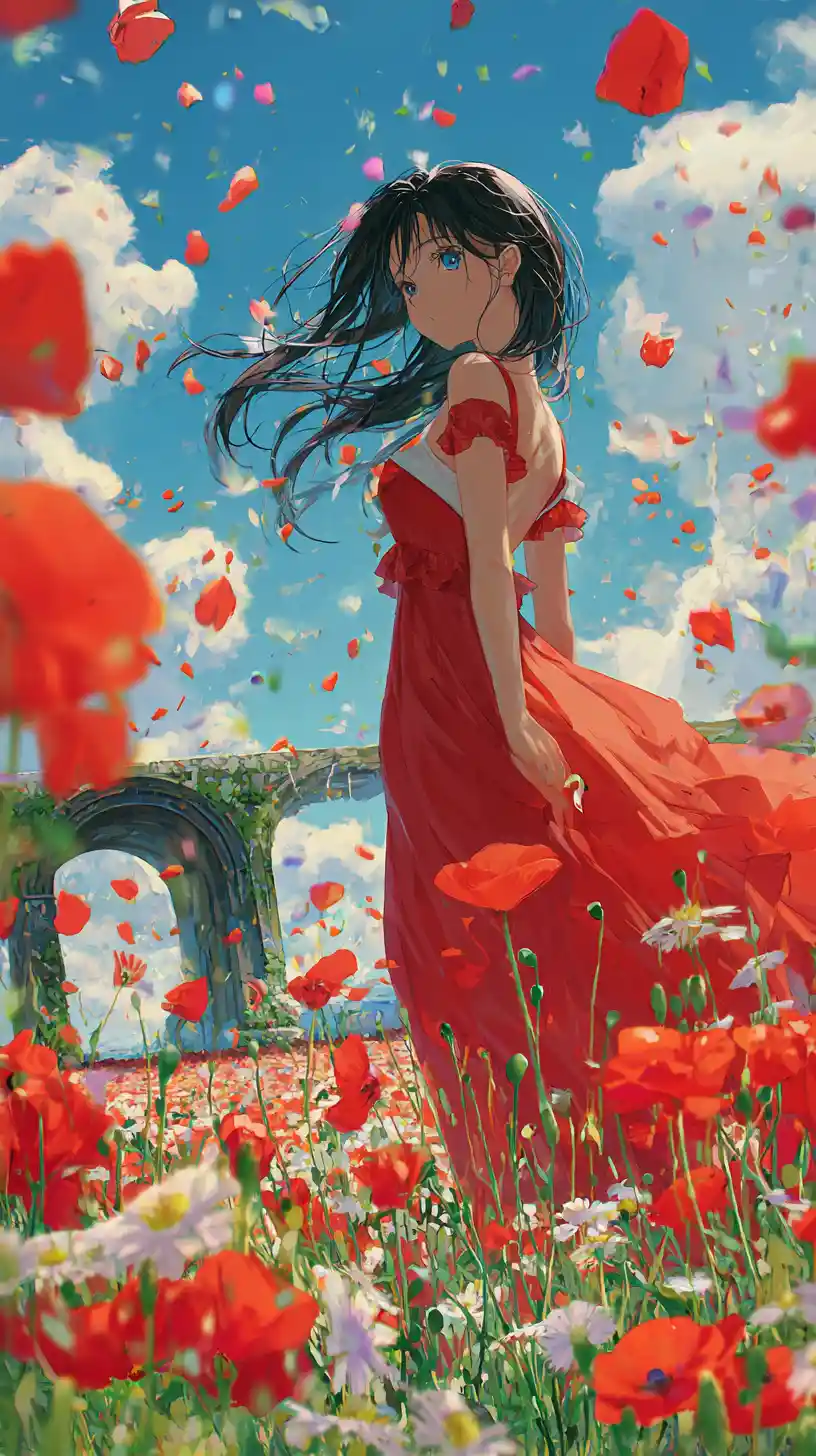 Anime girl in red dress in a glowing poppy field