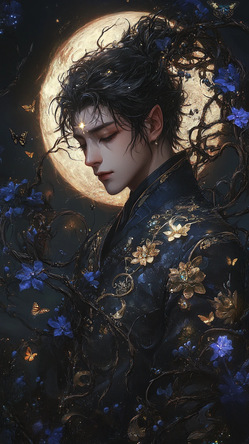 Elegant fae prince framed by thorns and indigo blossoms
