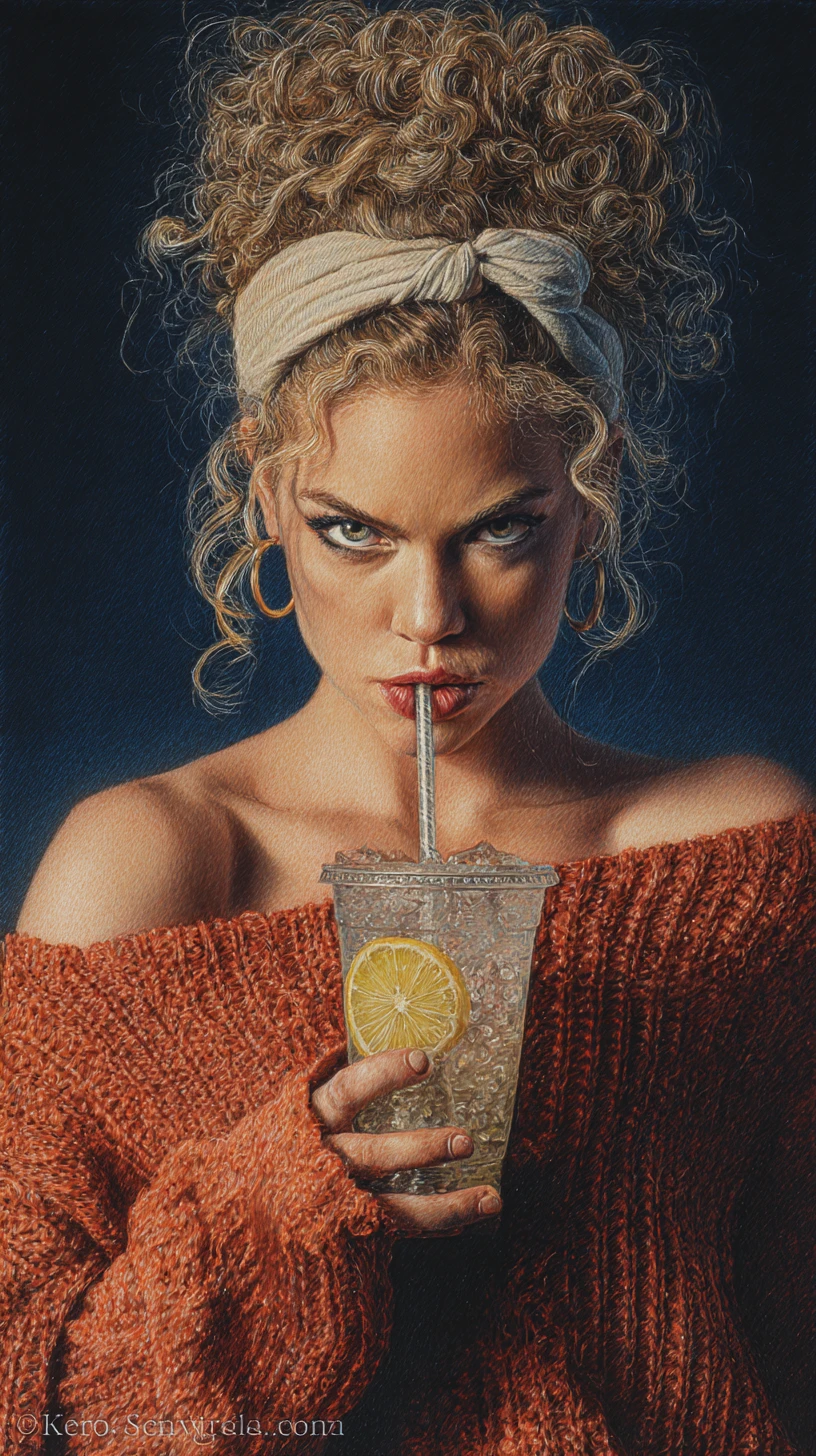 Defiant girl portrait with lemonade on dark background