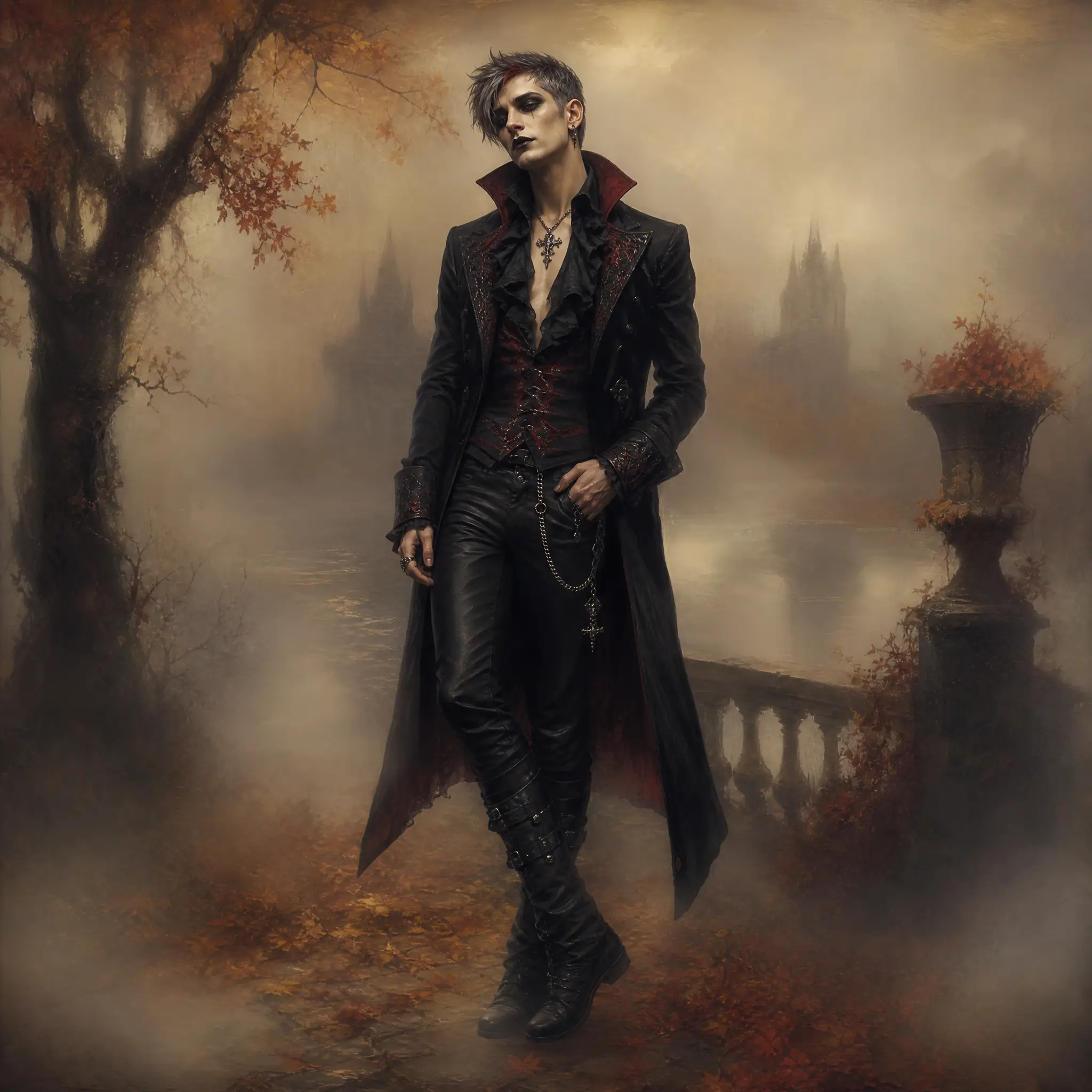 Gothic man in foggy oil painting with warm autumn tones
