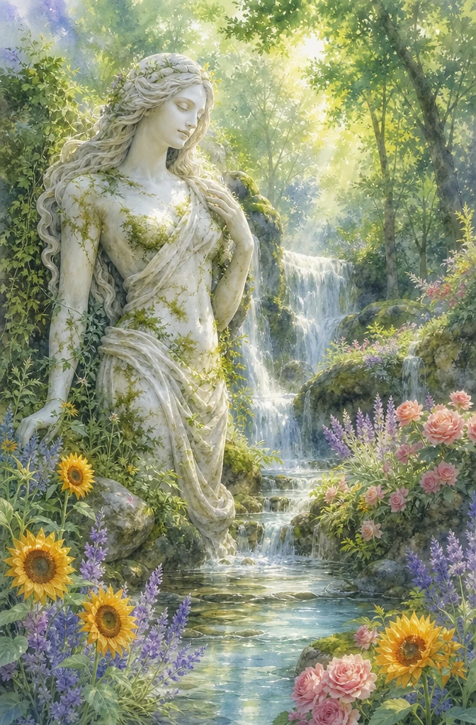 Marble Mother Nature Woman In A Sunlit Forest Waterfall