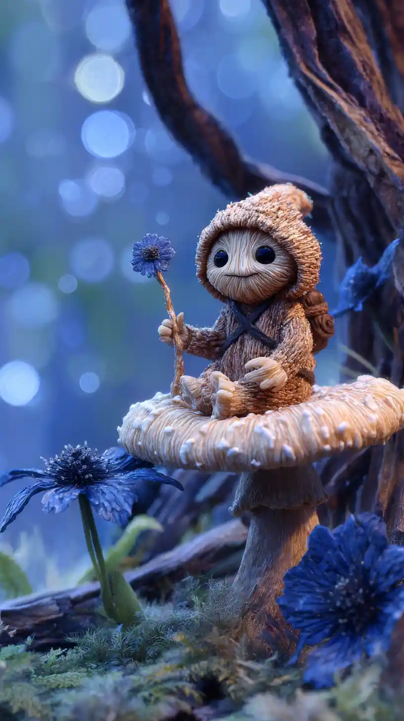Piccolo umanoide seduto su un fungo in una foresta fantastica
