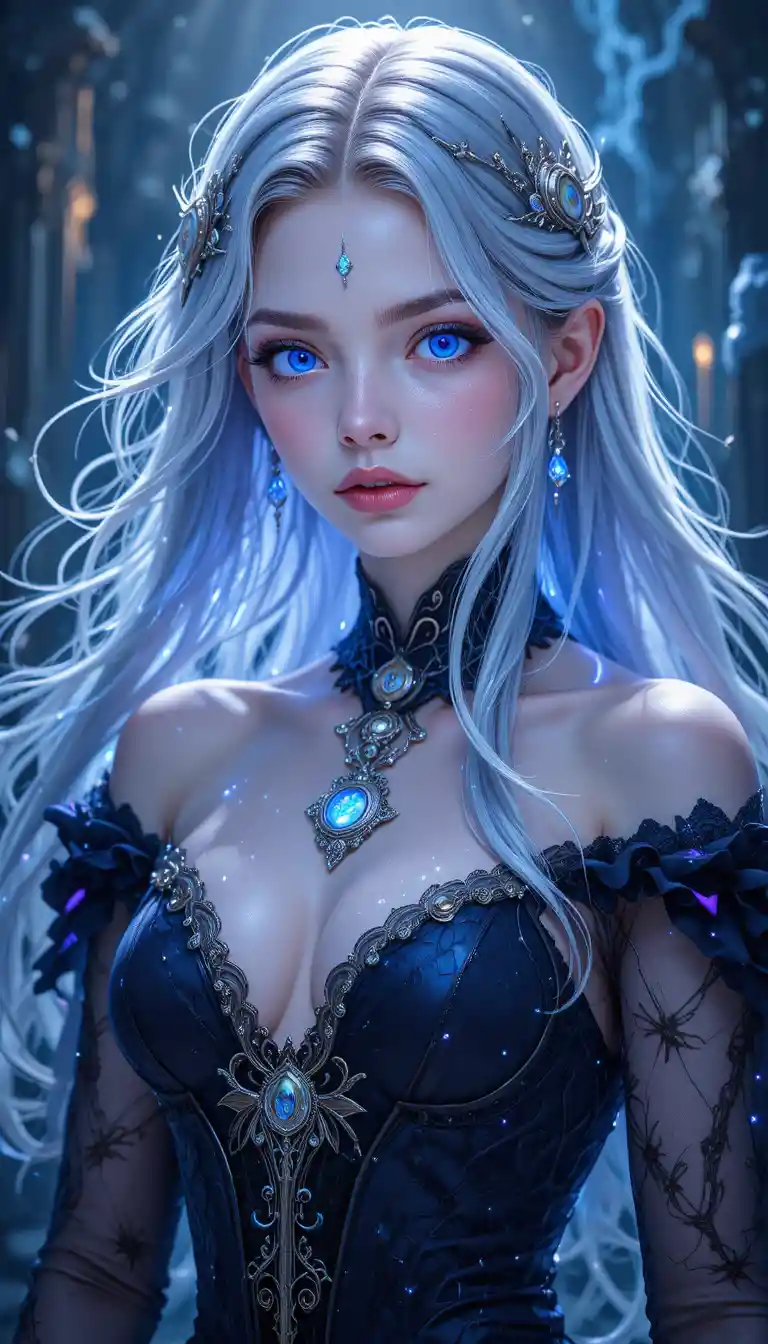 Ethereal anime time spirit girl with silver flowing hair