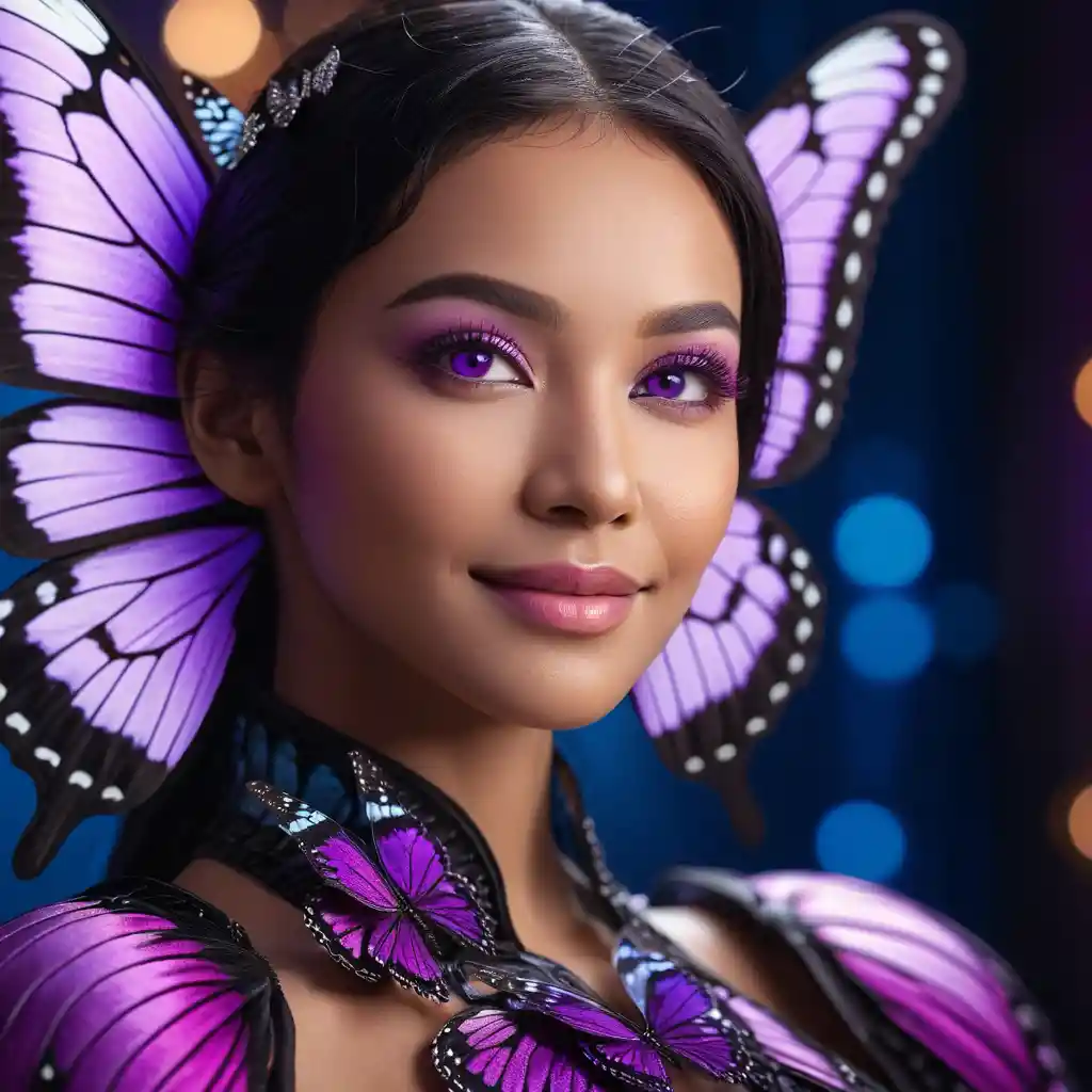 Cinematic close up of butterfly inspired female warrior portrait