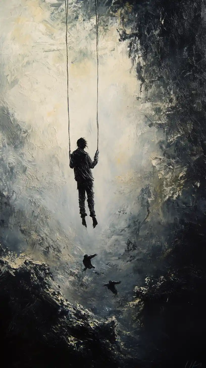 Hanging man confronted by an unseen thief in darkness