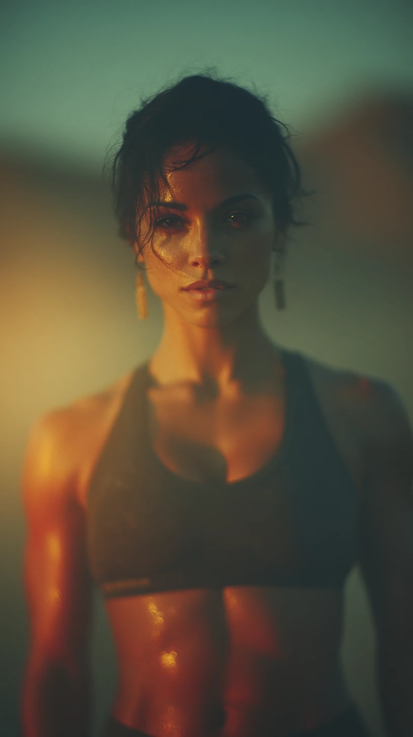 Strong middle eastern female bodybuilder in desert sunset portrait