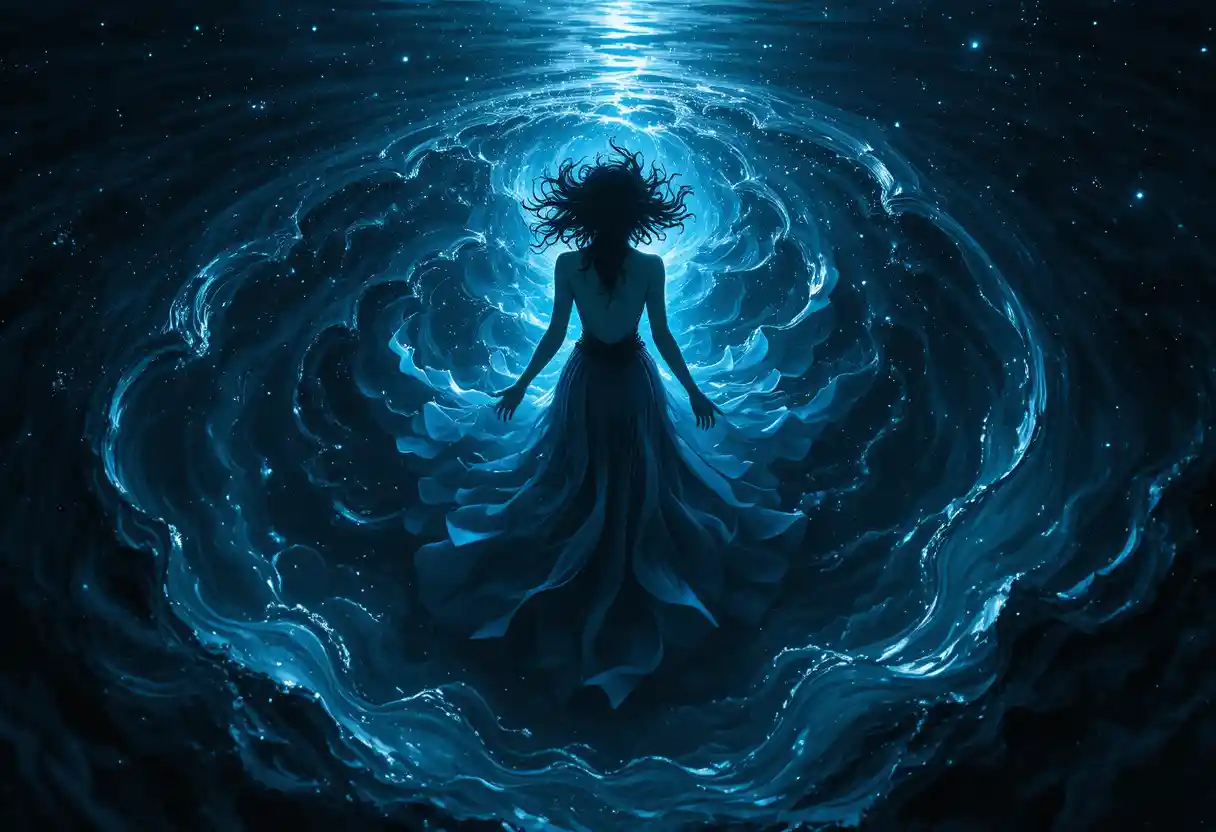 Mystical being floating on a cosmic ocean under starlit depths