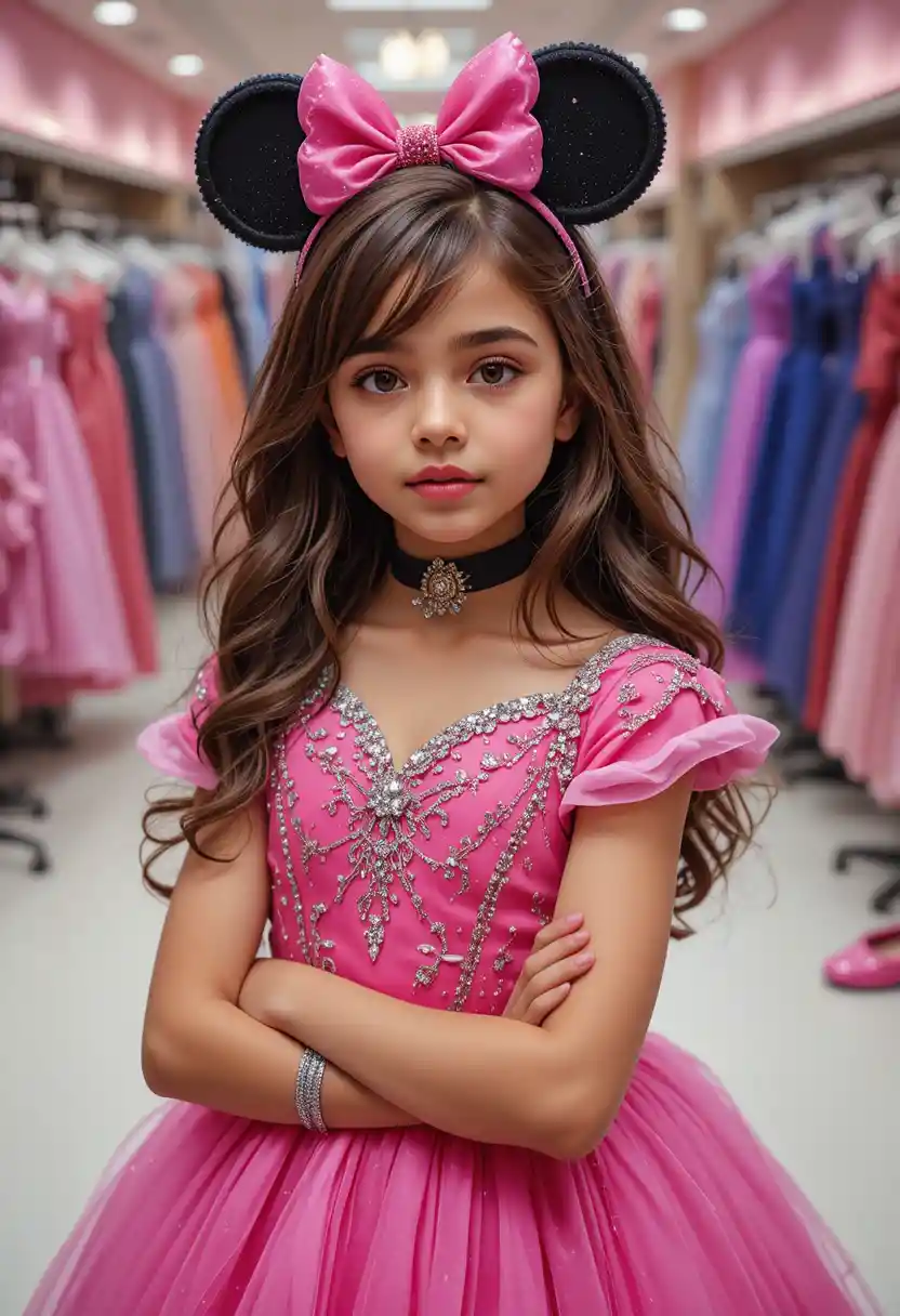 Young princess in hot pink Minnie Mouse dress in shop