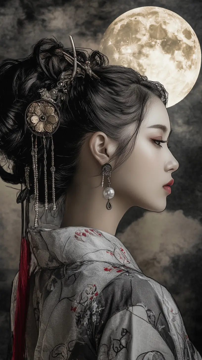 Charcoal profile portrait of a serene East Asian girl