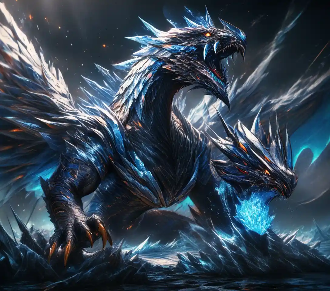 Ancient blue dragon on shattered ice mountain in storm