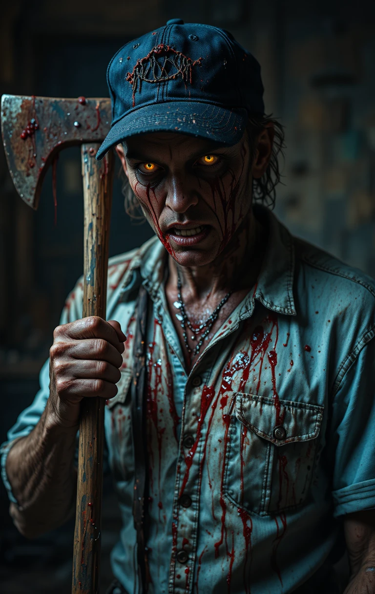 Bloodstained madman with axe in dim indoor scene