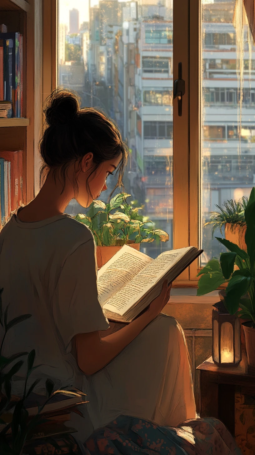 Girl Reading By A Sunlit Window In Cozy Room