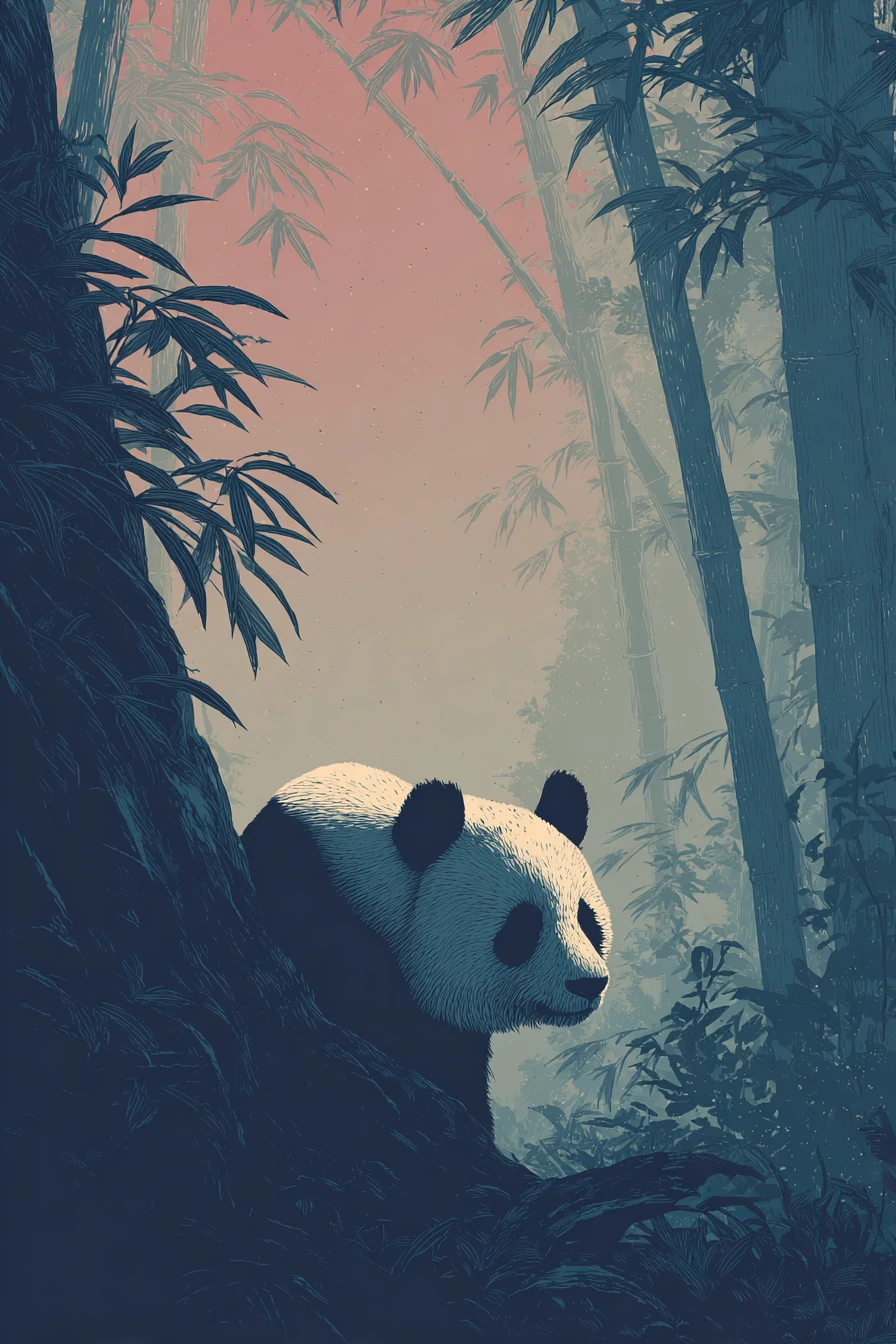 Minimal woodcut panda illustration in a dense jungle scene