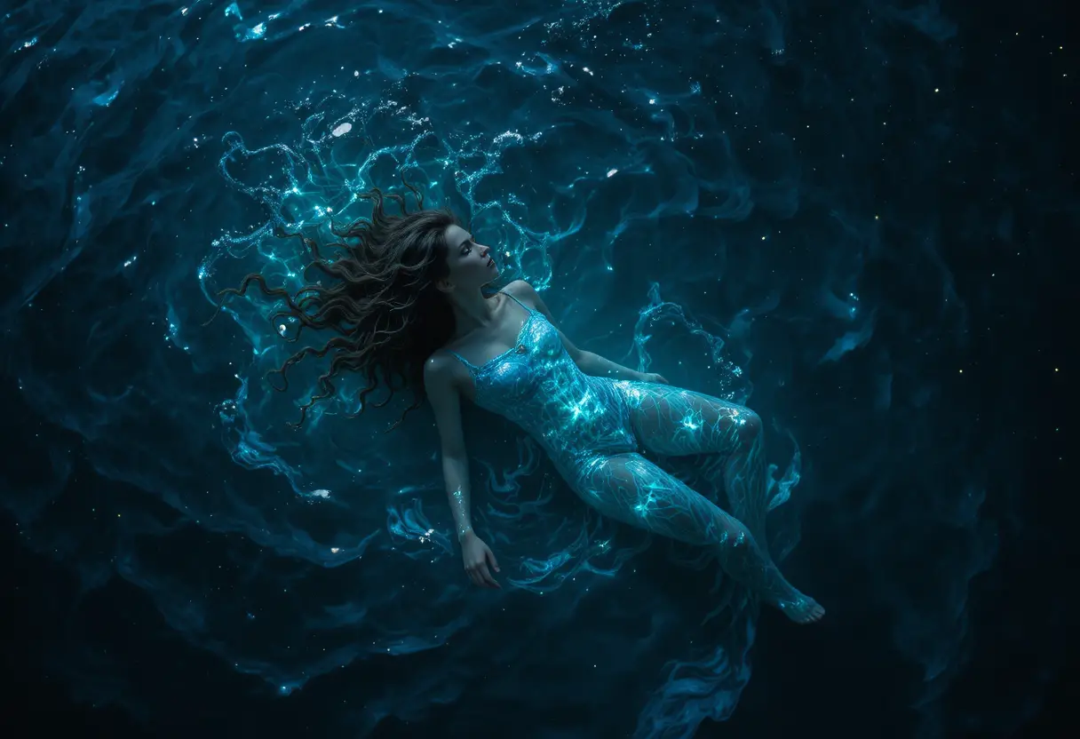 Serene figure floating above glowing deep ocean waters