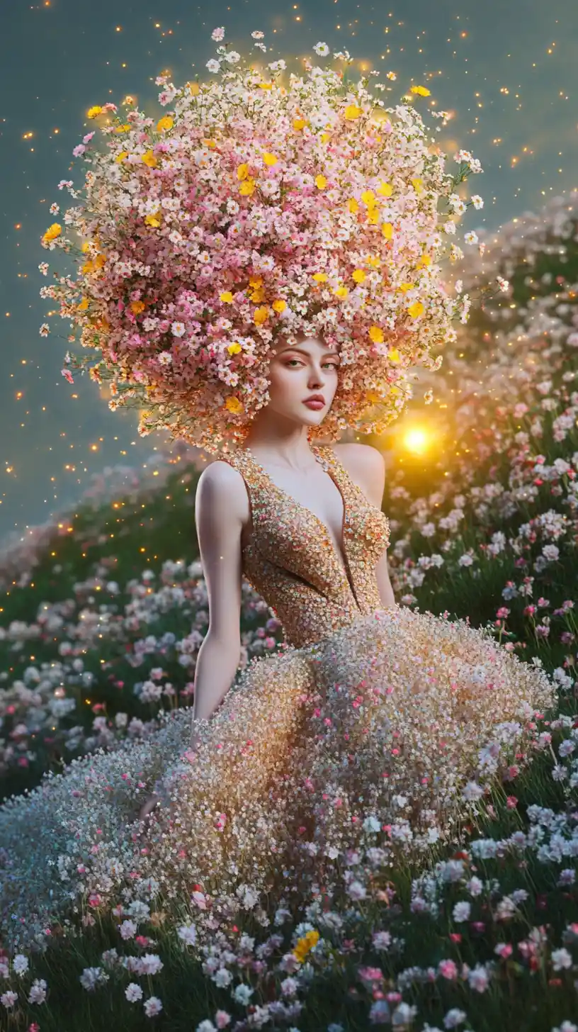 Melancholic fantasy woman in couture among cherry blossom flowers