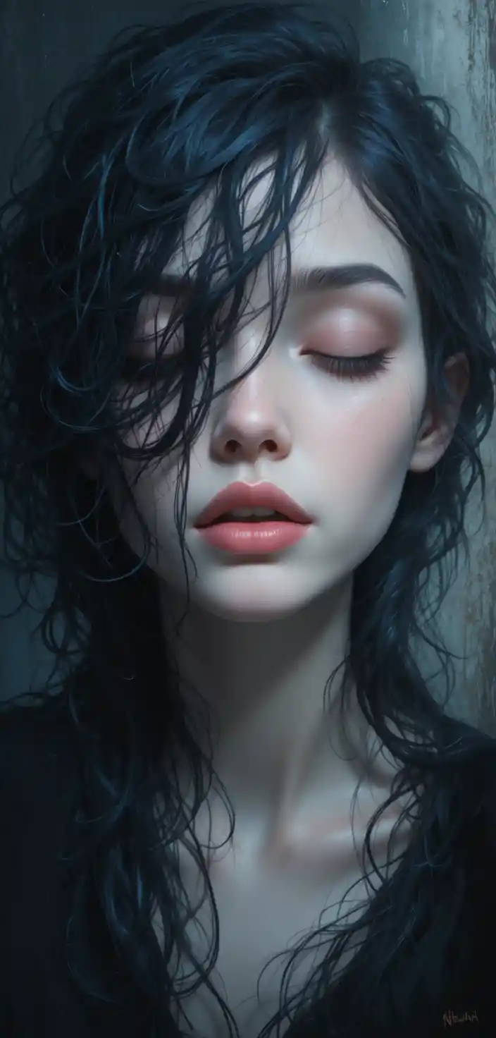 Androgynous close up portrait with tangled dark hair