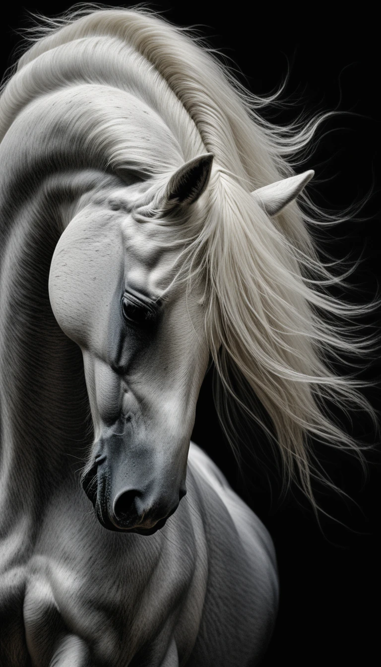 White Arabian horse portrait in dramatic scratchboard style