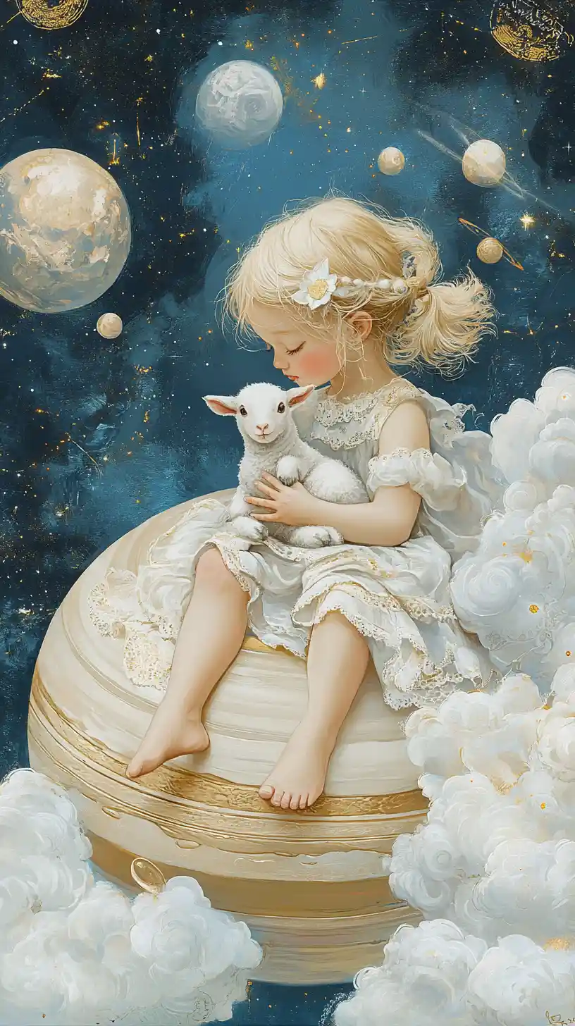 Child On Planet Rings Cradling Lamb In Dreamy Space