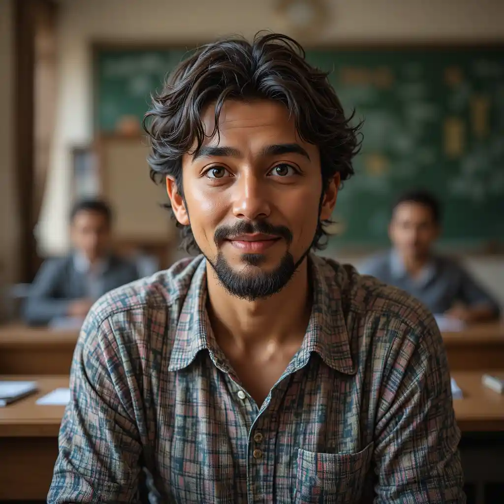 Indian classroom with teacher and laughing students during lesson