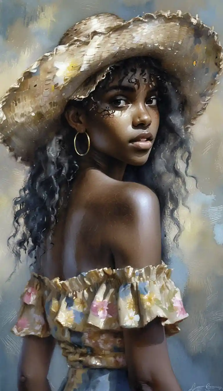 Young woman in straw hat turning back over her shoulder