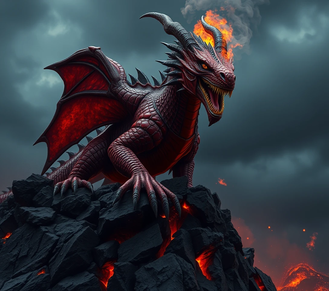 Ancient red dragon on a shattered volcanic cliff