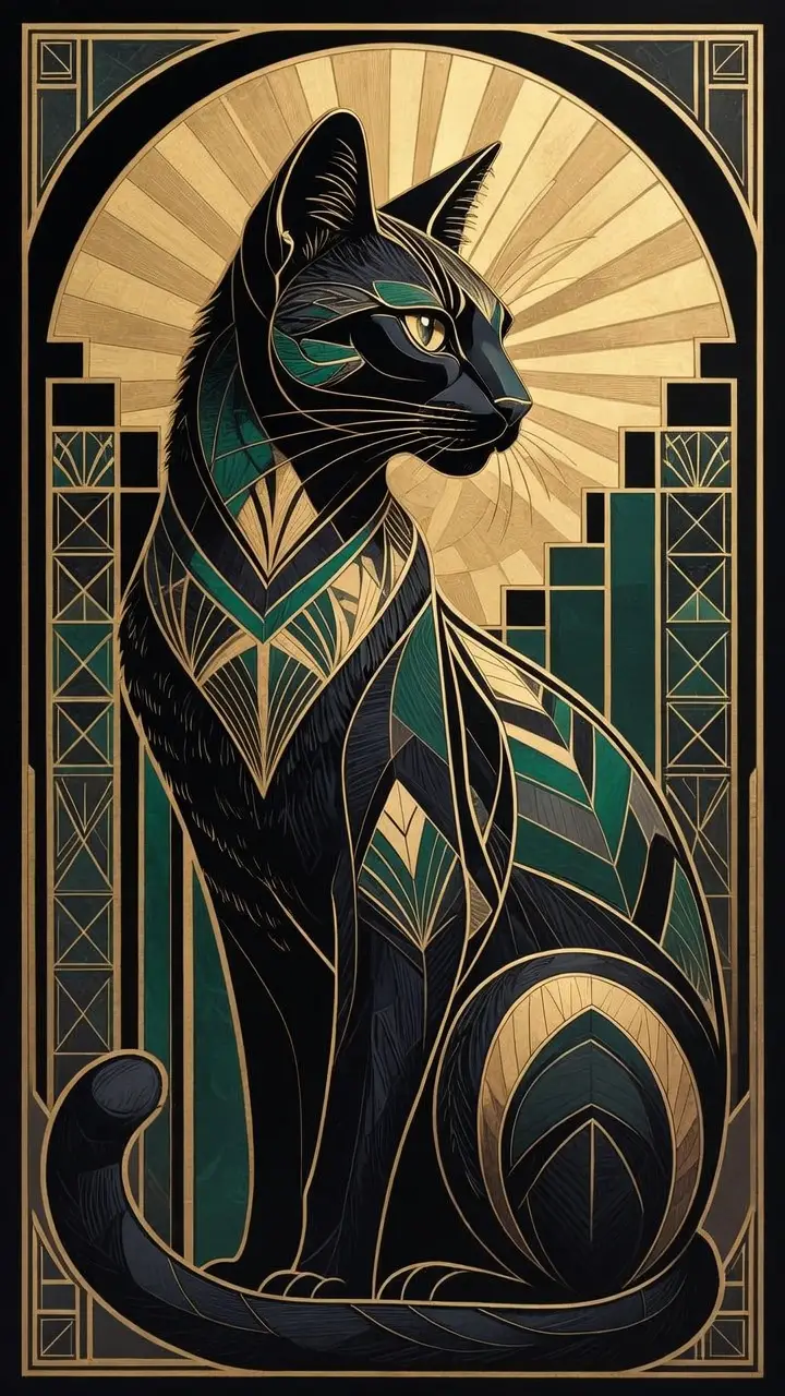 Art deco cat in profile with gold geometric background