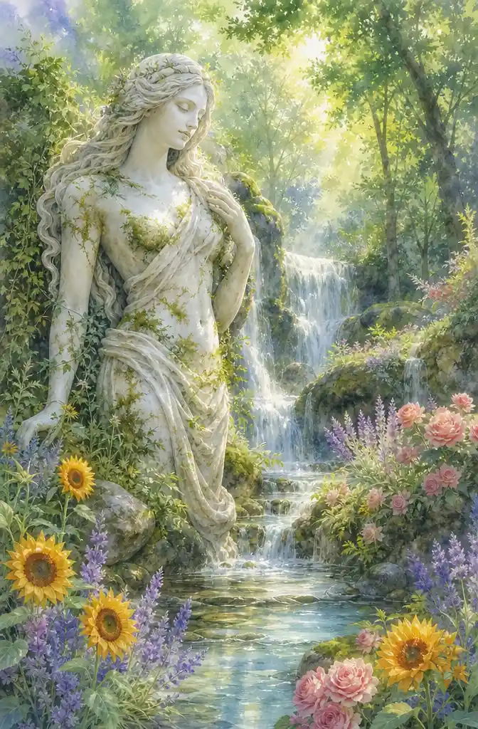 Marble Mother Nature Woman In A Sunlit Forest Waterfall