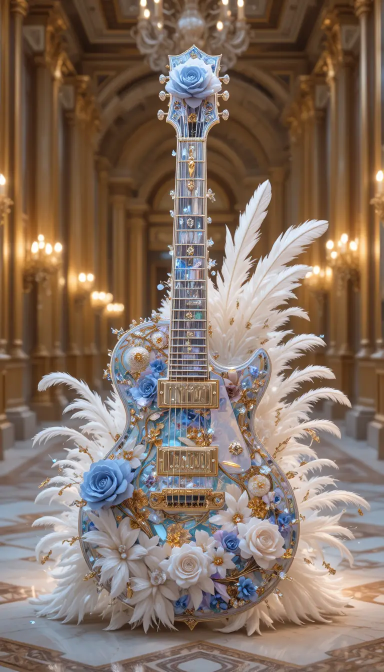 Crystal blue guitar with roses and feathers in palace