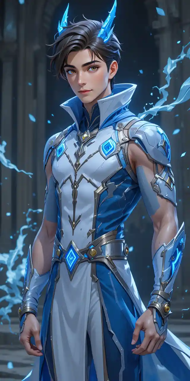 Agile young fantasy man with glowing blue antler horns