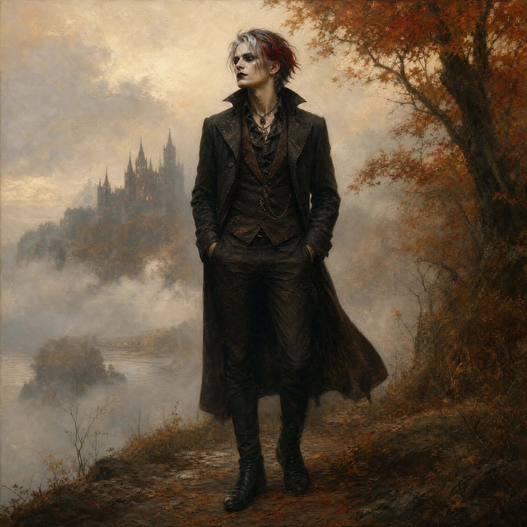 Gothic man in foggy autumn tones oil painting portrait