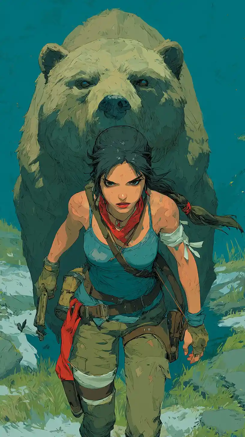 Warrior woman facing a powerful bear in comic style