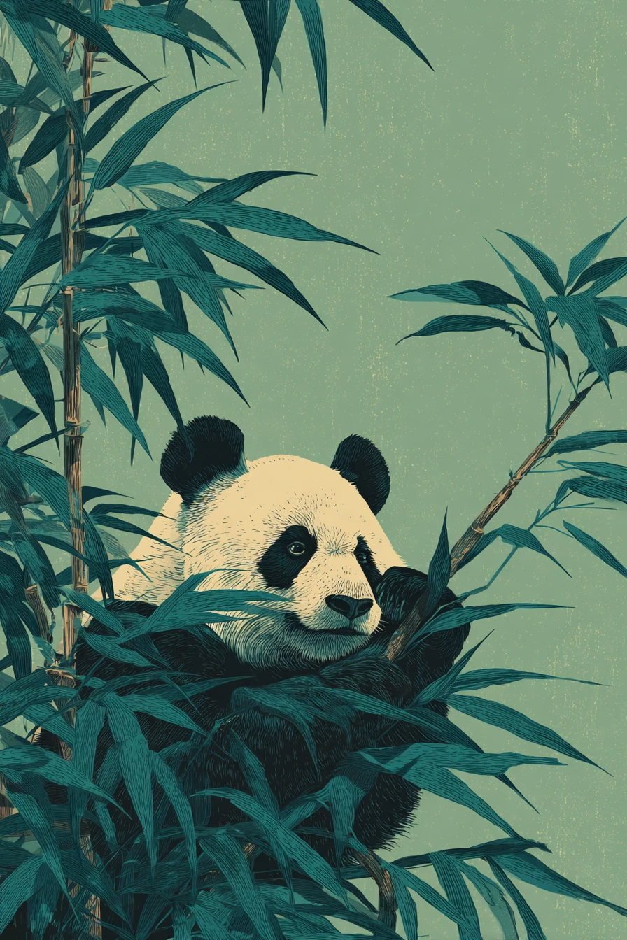 Minimal woodblock panda illustration in a lush jungle scene
